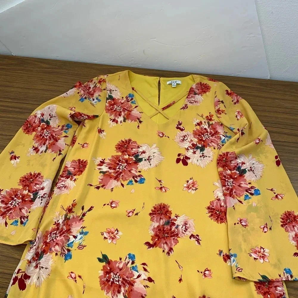 AUW Floral Short Dress Small Yellow Red‎ Sheer Lined Long Bell Sleeve  Key Hole - Picture 7 of 13